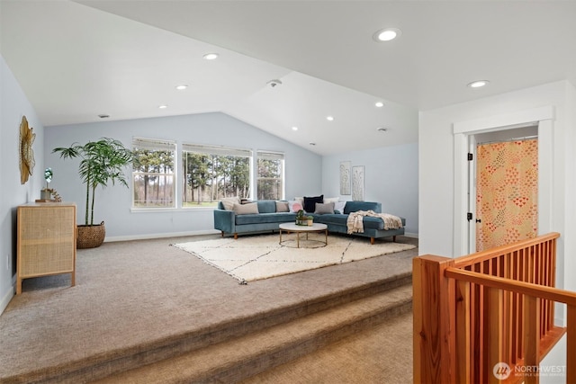 living area featuring carpet floors, recessed lighting, vaulted ceiling, and baseboards