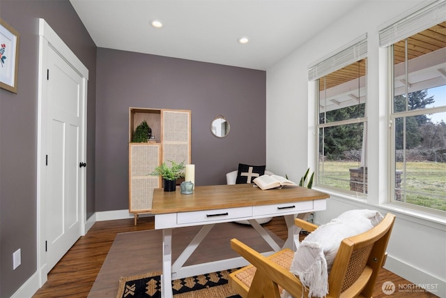 office area featuring baseboards, dark wood-style flooring, and recessed lighting