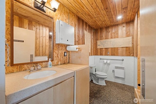 half bath with wood ceiling, wooden walls, toilet, and heating unit