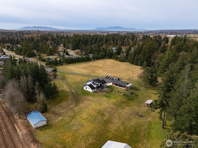 drone / aerial view featuring a forest view and a mountain view