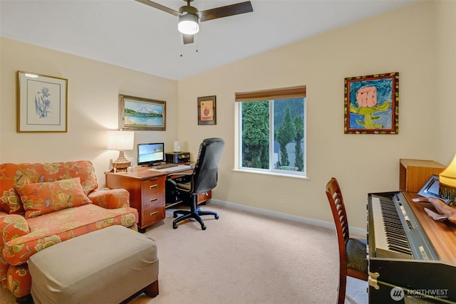 office with light carpet, lofted ceiling, and ceiling fan