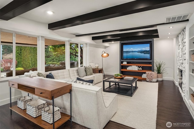 living room with dark wood-style flooring, visible vents, beamed ceiling, and baseboards