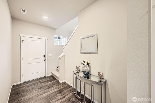 entryway with dark hardwood / wood-style flooring