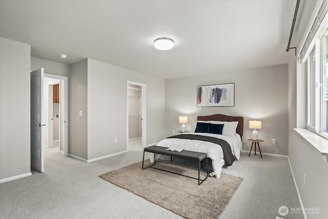 bedroom featuring carpet, a walk in closet, and baseboards