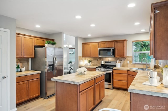 kitchen with a center island, stainless steel appliances, backsplash, and light hardwood / wood-style floors