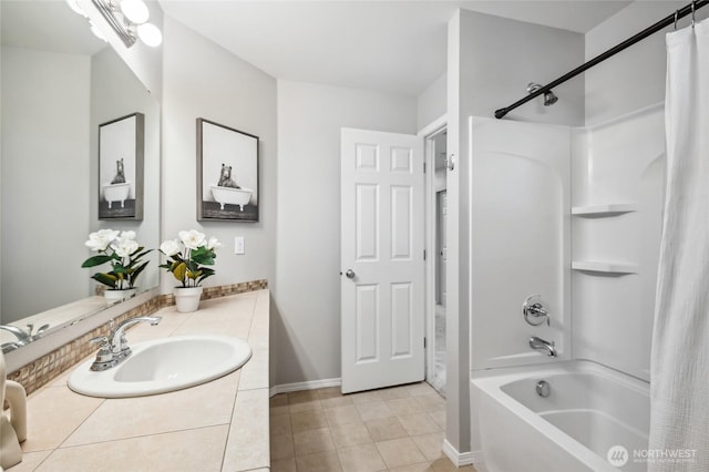 bathroom with tile patterned floors, shower / bathtub combination with curtain, and vanity