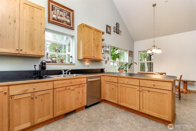 kitchen with visible vents, light brown cabinetry, a sink, a peninsula, and dishwasher