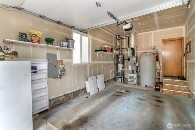 garage with electric panel, secured water heater, and a garage door opener