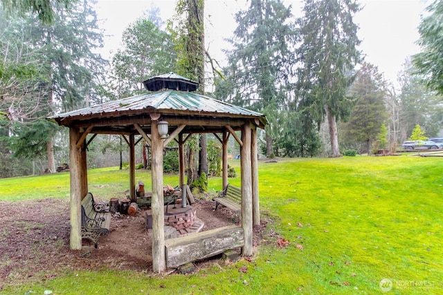 view of community featuring a gazebo and a lawn