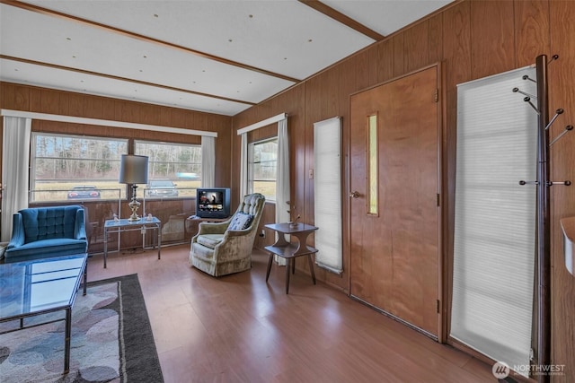 interior space featuring wood walls and wood finished floors