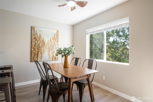 dining space with a ceiling fan, baseboards, and wood finished floors