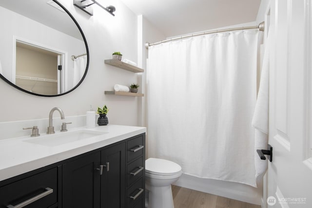 full bath featuring vanity, toilet, and wood finished floors