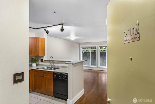 kitchen featuring light hardwood / wood-style flooring, sink, black dishwasher, and rail lighting