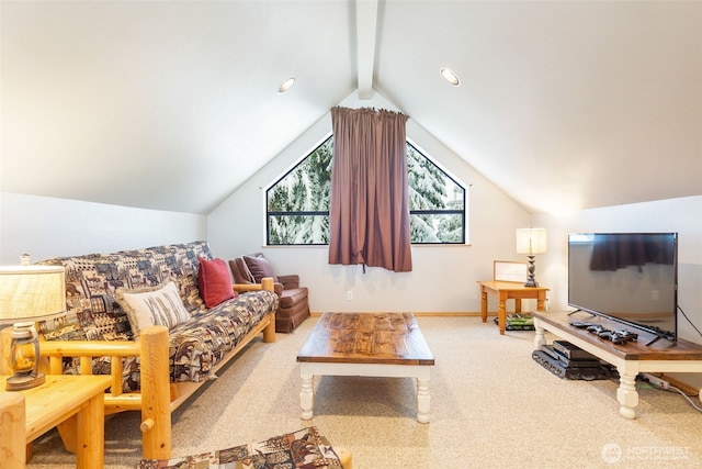 living area featuring lofted ceiling with beams, carpet floors, recessed lighting, and baseboards