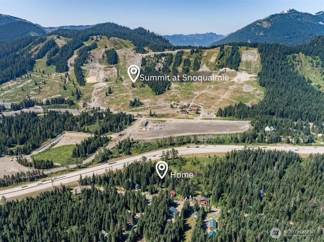 drone / aerial view with a forest view and a mountain view