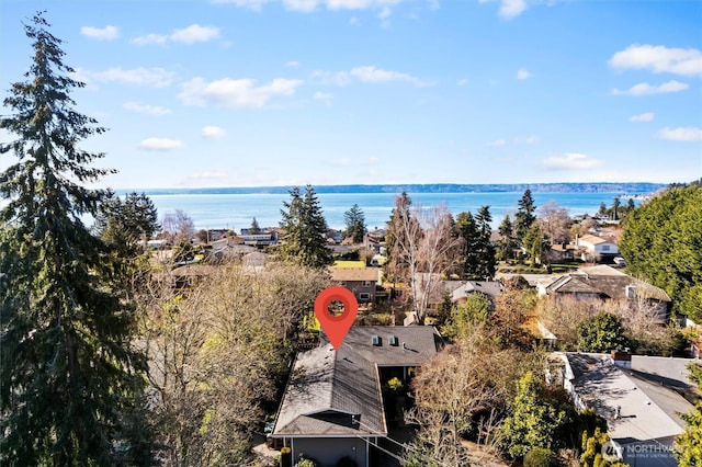 aerial view featuring a water view