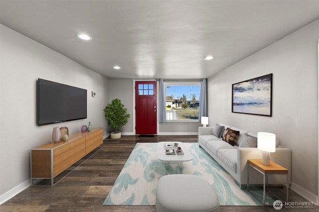 living room featuring dark wood-type flooring