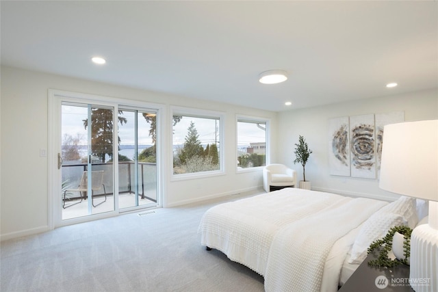 carpeted bedroom featuring access to exterior and radiator