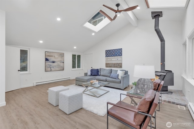 living area featuring a wood stove, light wood finished floors, a baseboard radiator, and a ceiling fan