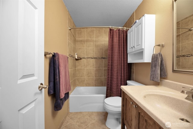 bathroom with toilet, tile patterned floors, shower / bathtub combination with curtain, a textured ceiling, and vanity