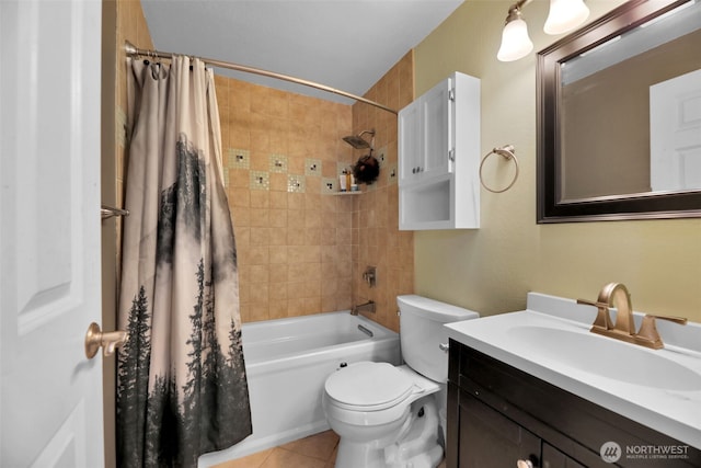 full bathroom featuring toilet, shower / bath combo, tile patterned flooring, and vanity