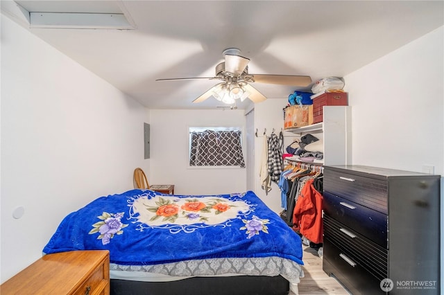 bedroom with light wood-type flooring, electric panel, and ceiling fan