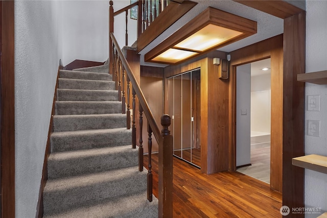 stairs featuring wooden walls and wood finished floors