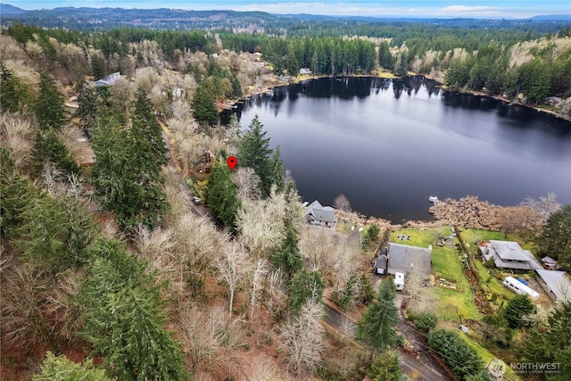 bird's eye view with a water view and a view of trees