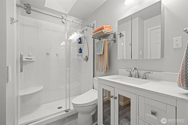 bathroom featuring toilet, vanity, and an enclosed shower