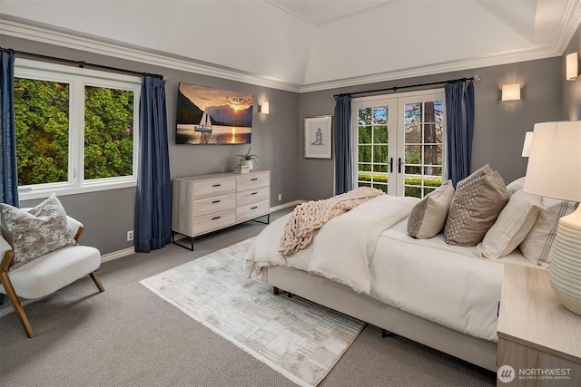 carpeted bedroom featuring ornamental molding, french doors, vaulted ceiling, and baseboards