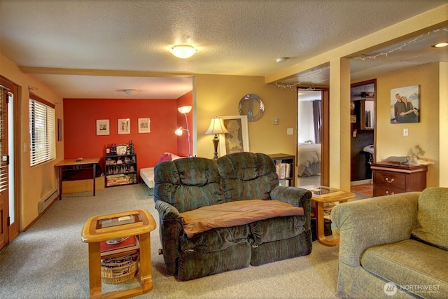 living area featuring a textured ceiling, light carpet, and a baseboard radiator