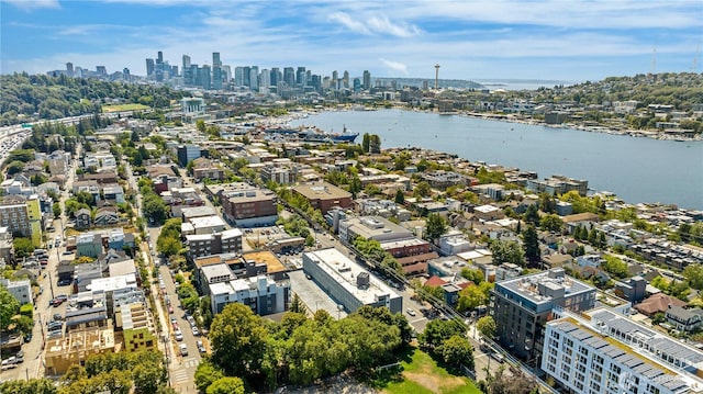 aerial view with a water view and a city view