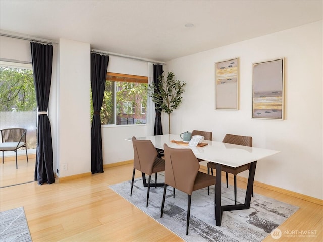 dining area with plenty of natural light and light hardwood / wood-style flooring