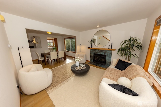 living room with a tiled fireplace and hardwood / wood-style floors