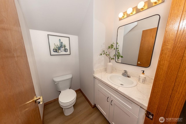 bathroom featuring hardwood / wood-style flooring, vanity, and toilet