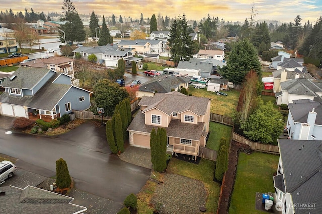 view of aerial view at dusk