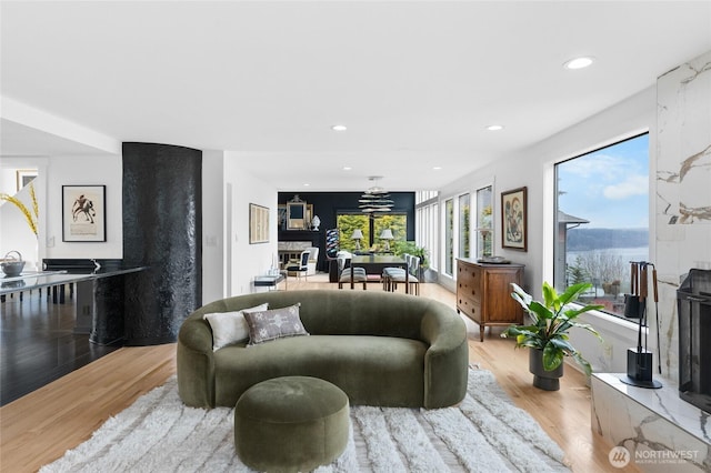 living room with a fireplace and light hardwood / wood-style flooring