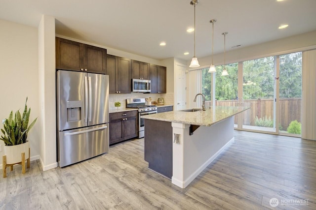 kitchen with backsplash, dark brown cabinetry, light wood-style flooring, appliances with stainless steel finishes, and a sink