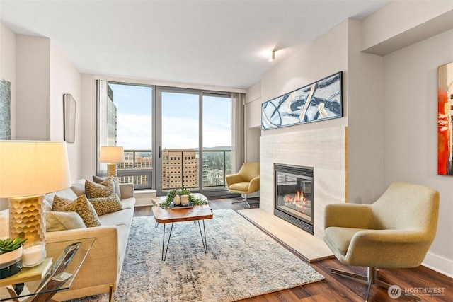 living room with hardwood / wood-style flooring, a premium fireplace, and expansive windows