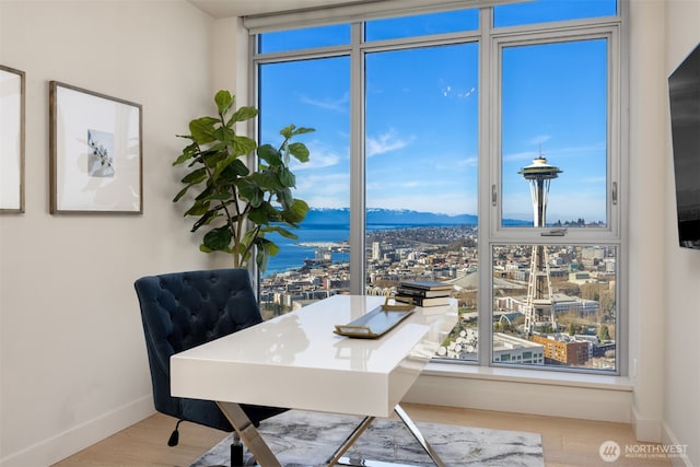 office with expansive windows, baseboards, and wood finished floors