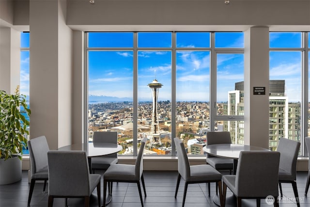 dining room featuring a city view and plenty of natural light