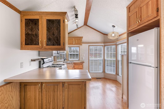 kitchen with light hardwood / wood-style flooring, white appliances, lofted ceiling, decorative light fixtures, and kitchen peninsula