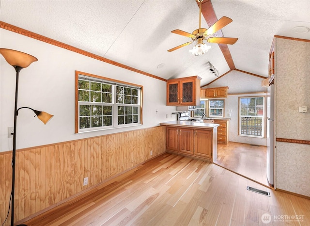 kitchen with kitchen peninsula, light hardwood / wood-style floors, vaulted ceiling, a textured ceiling, and wooden walls