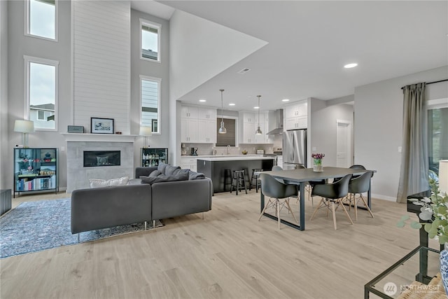 living room with light wood finished floors, a premium fireplace, and baseboards