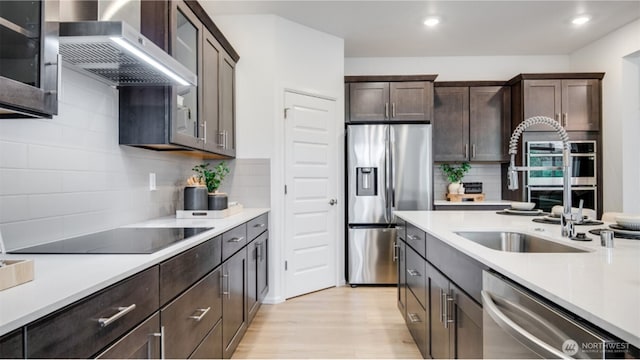 kitchen featuring dark brown cabinetry, light hardwood / wood-style flooring, sink, appliances with stainless steel finishes, and wall chimney exhaust hood