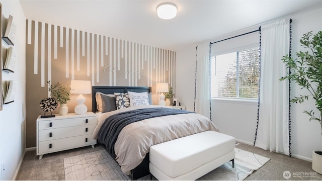 bedroom with light colored carpet