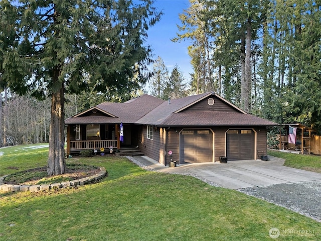 single story home featuring a garage, a front yard, and a porch