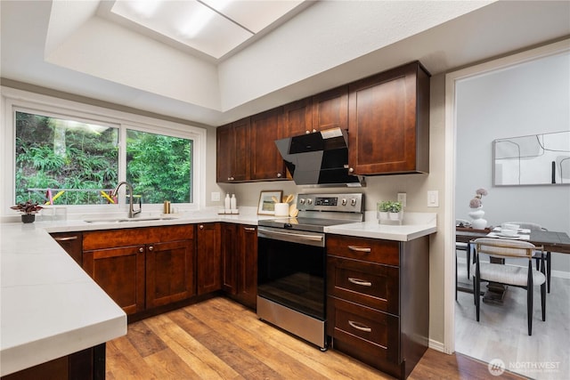 kitchen with stainless steel electric range, sink, and light wood-type flooring