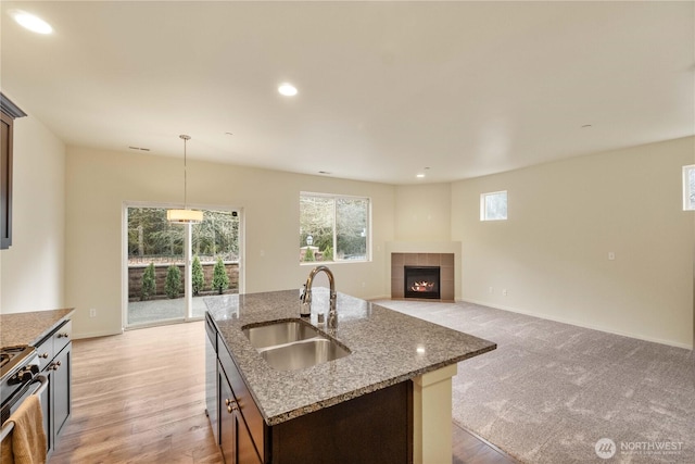 kitchen featuring a sink, open floor plan, hanging light fixtures, stainless steel appliances, and light stone countertops