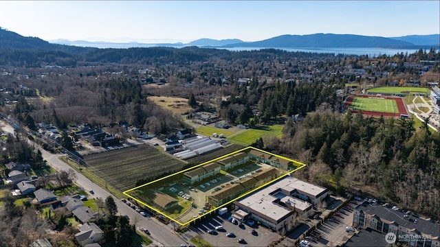 aerial view featuring a wooded view and a water and mountain view